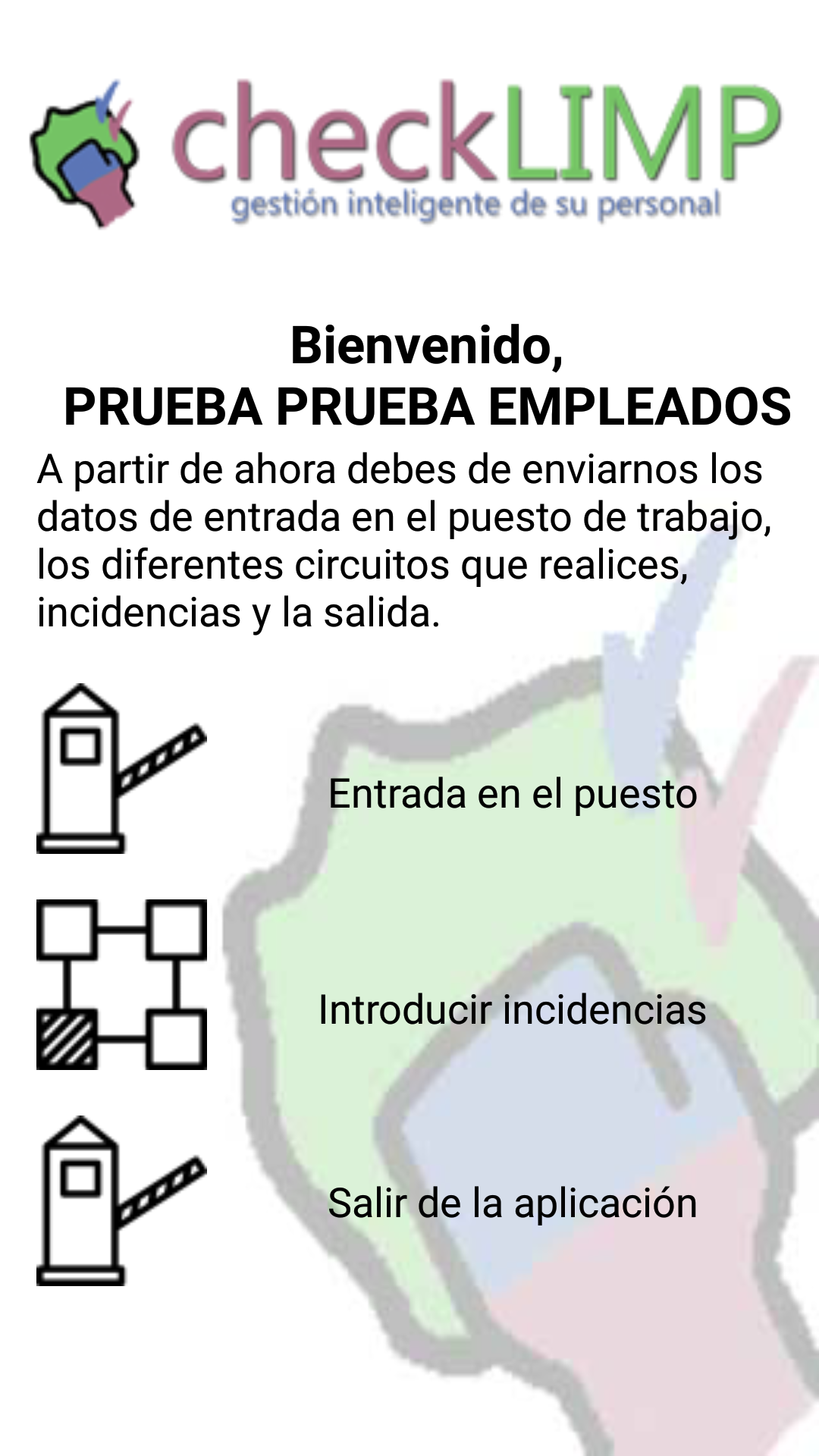 CheckLimp: pantalla de bienvenida con instrucciones de fichaje