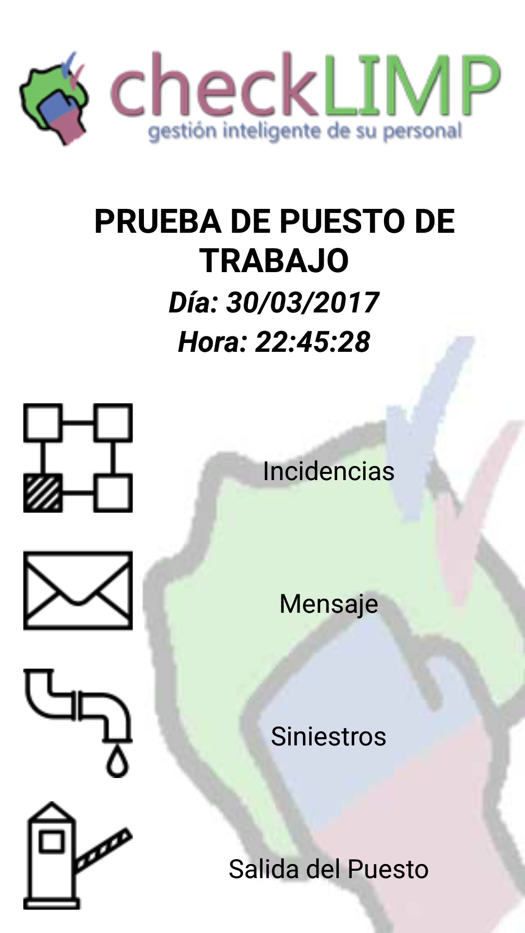 CheckLimp: incidencias, mensaje, siniestros y salida del puesto