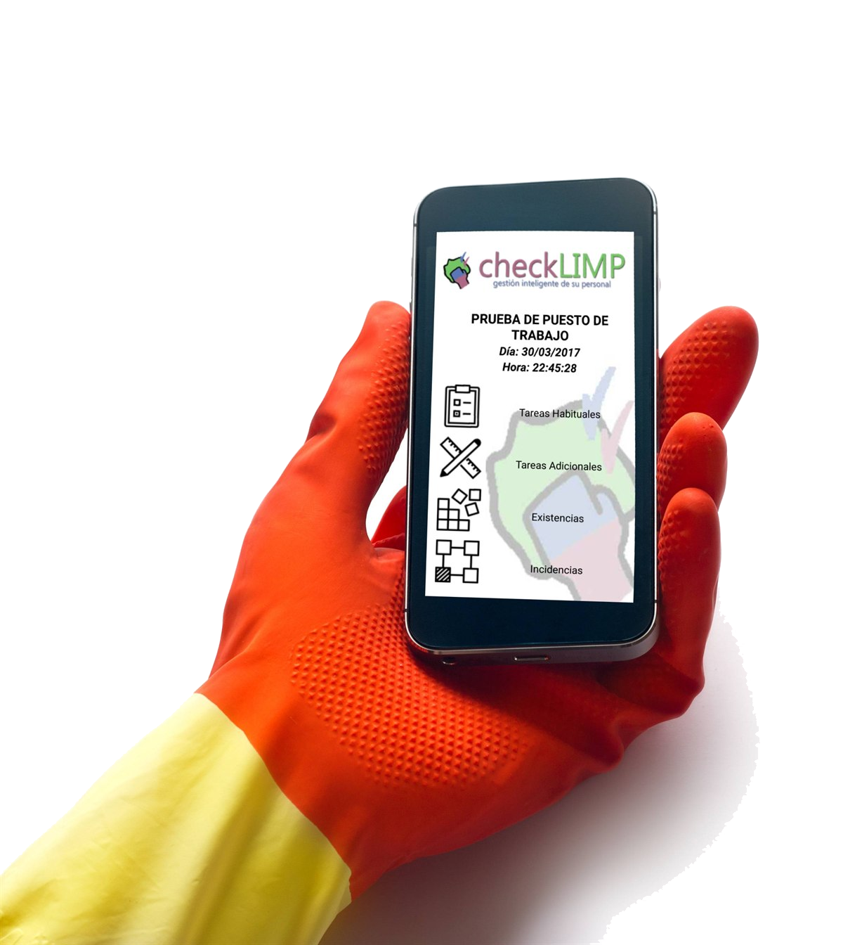 App CheckLimp en mano de personal de limpieza